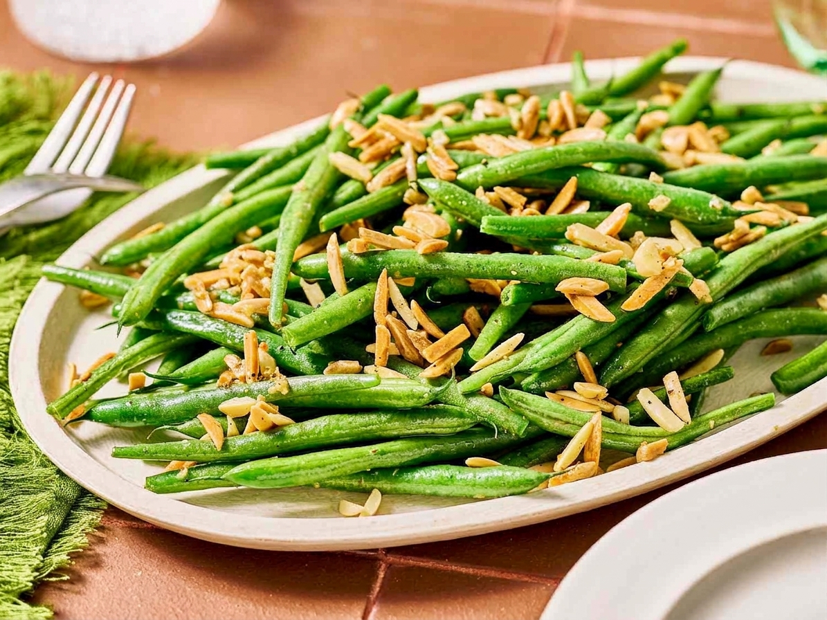 Green bean almondine served family-style with toasted almonds scattered over the top