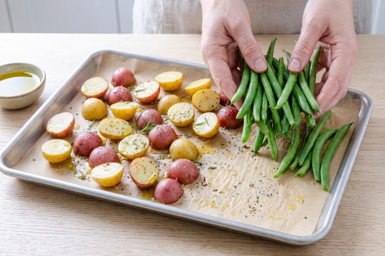 Green beans added to a sheet pan next to partially roasted baby potatoes, ready to go back into the oven