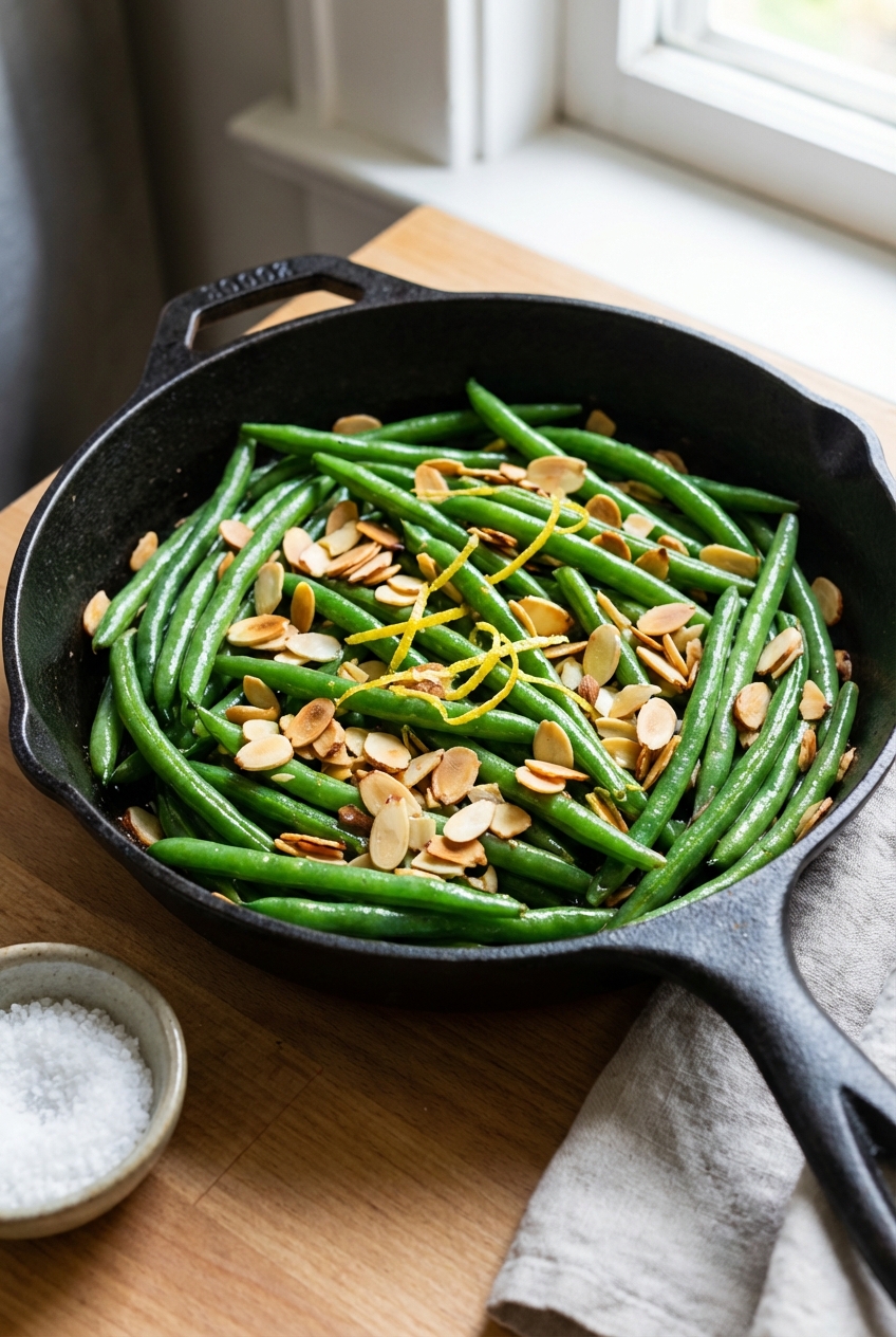 Green beans almondine in a skillet with toasted almonds and lemon zest