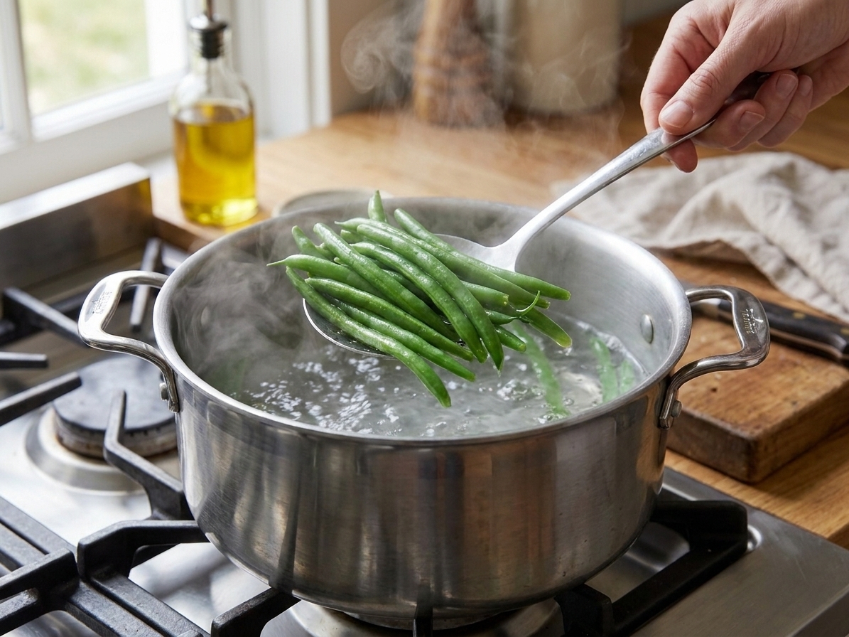 Green beans being lifted from boiling water with a slotted spoon over a pot on a stove