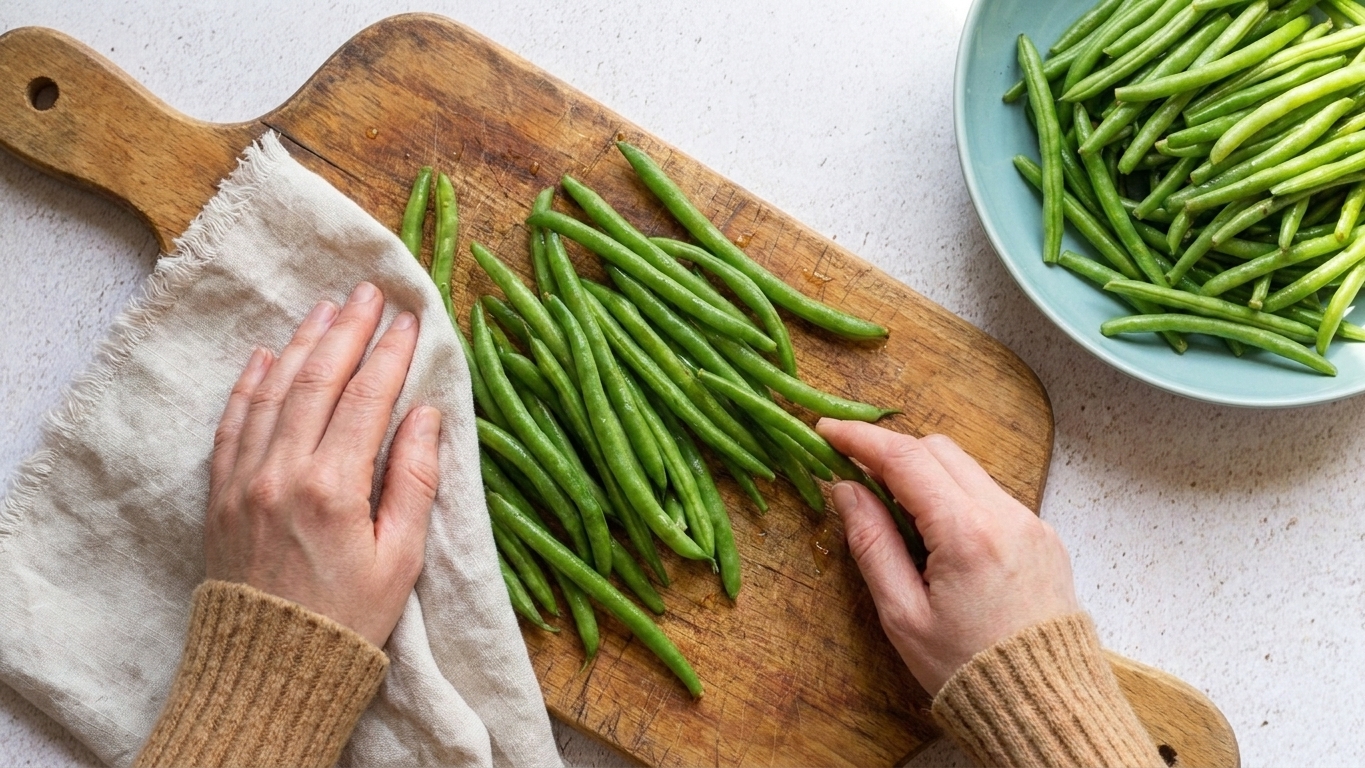 Green beans being patted dry with a clean kitchen towel on a cutting board