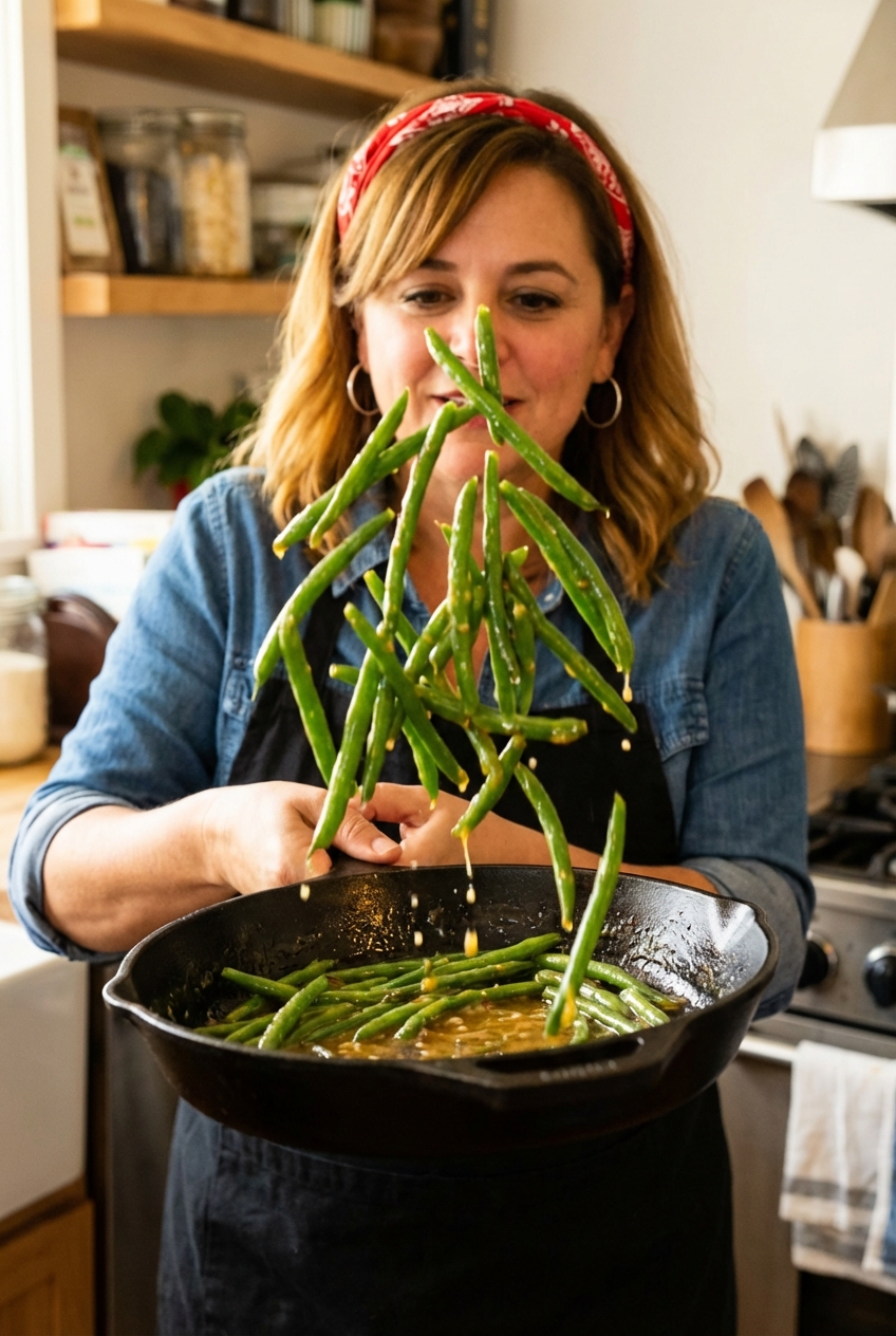 Green beans being tossed in a skillet with a glossy lemon Dijon sauce