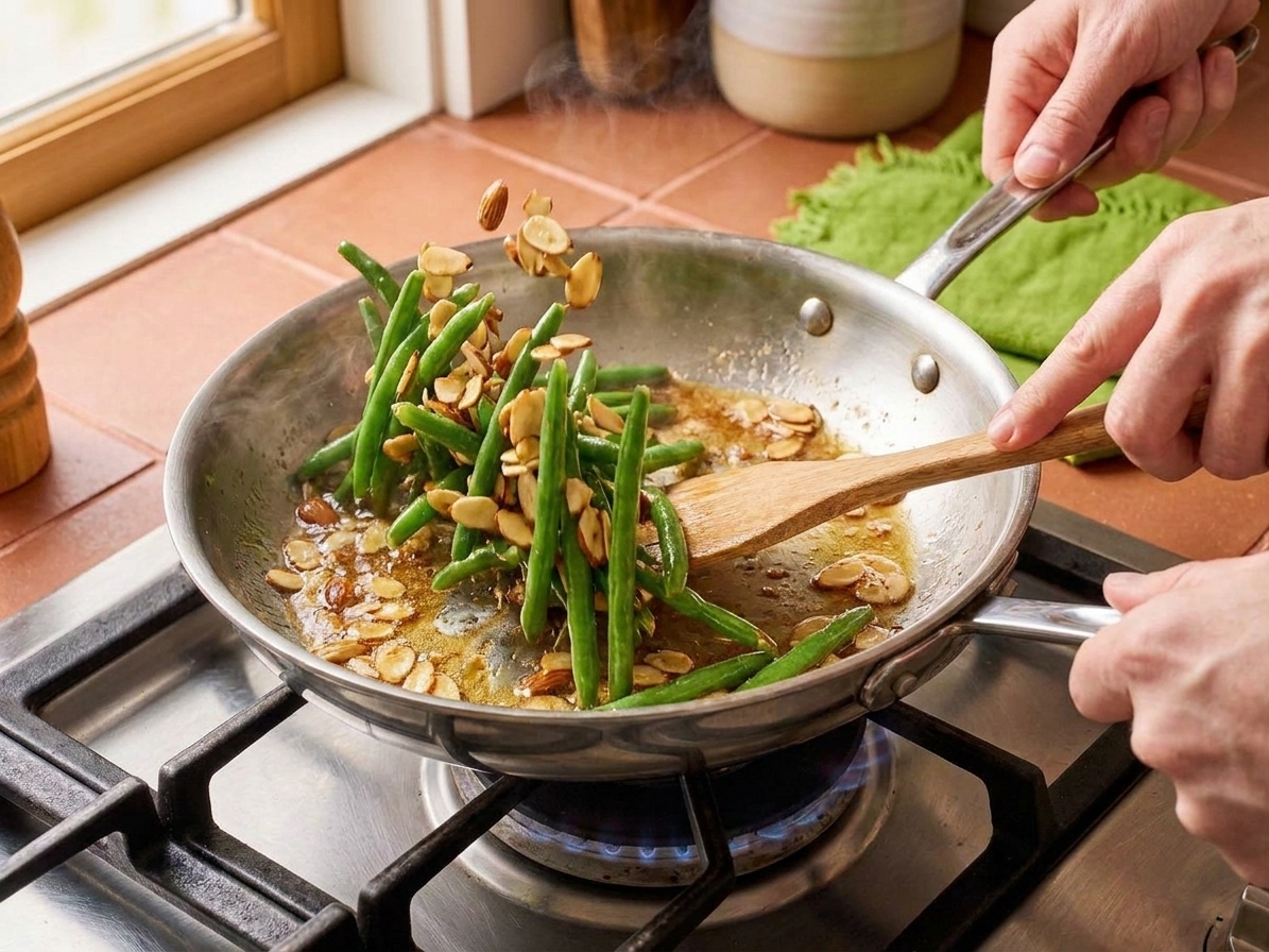 Green beans being tossed in a skillet with browned butter and sliced almonds on a stovetop