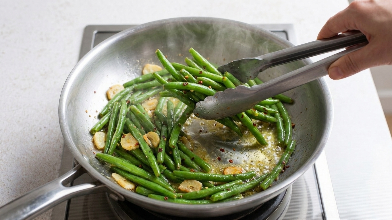 Green beans being tossed in a skillet with garlic butter using metal tongs on a stovetop