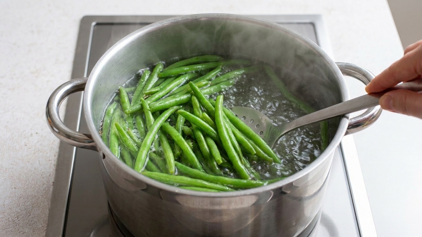 Green beans blanching in a large pot of boiling water on a stovetop