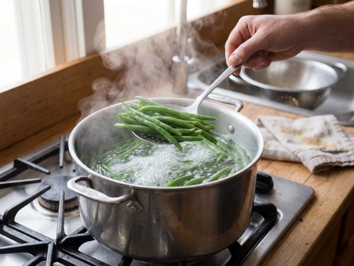 Green beans blanching in a pot of boiling water on a stovetop with a slotted spoon