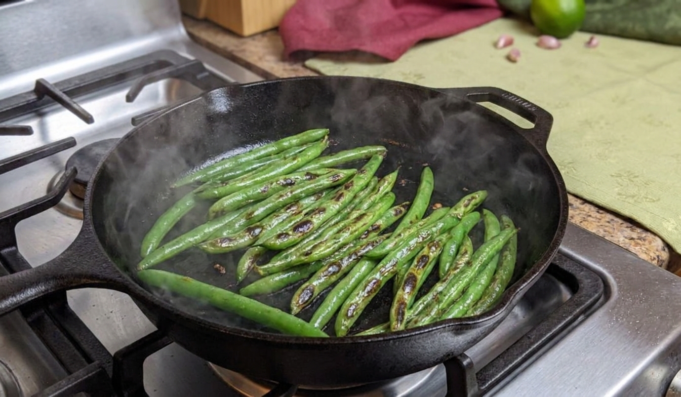 Green beans blistering in a hot skillet with charred spots forming, steam rising over a stovetop