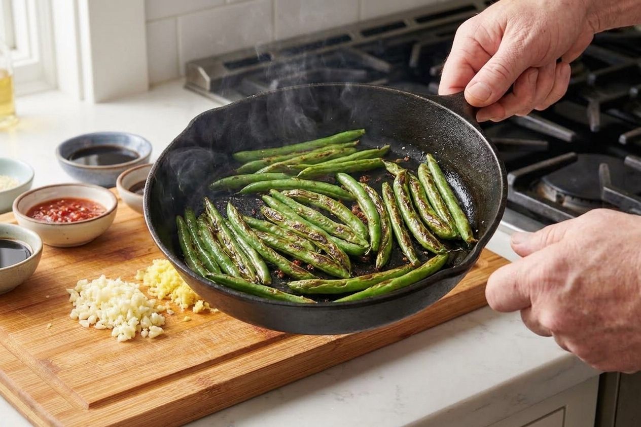 Green beans blistering in a hot skillet with light charring and wrinkled skins, captured mid-cook on a stovetop