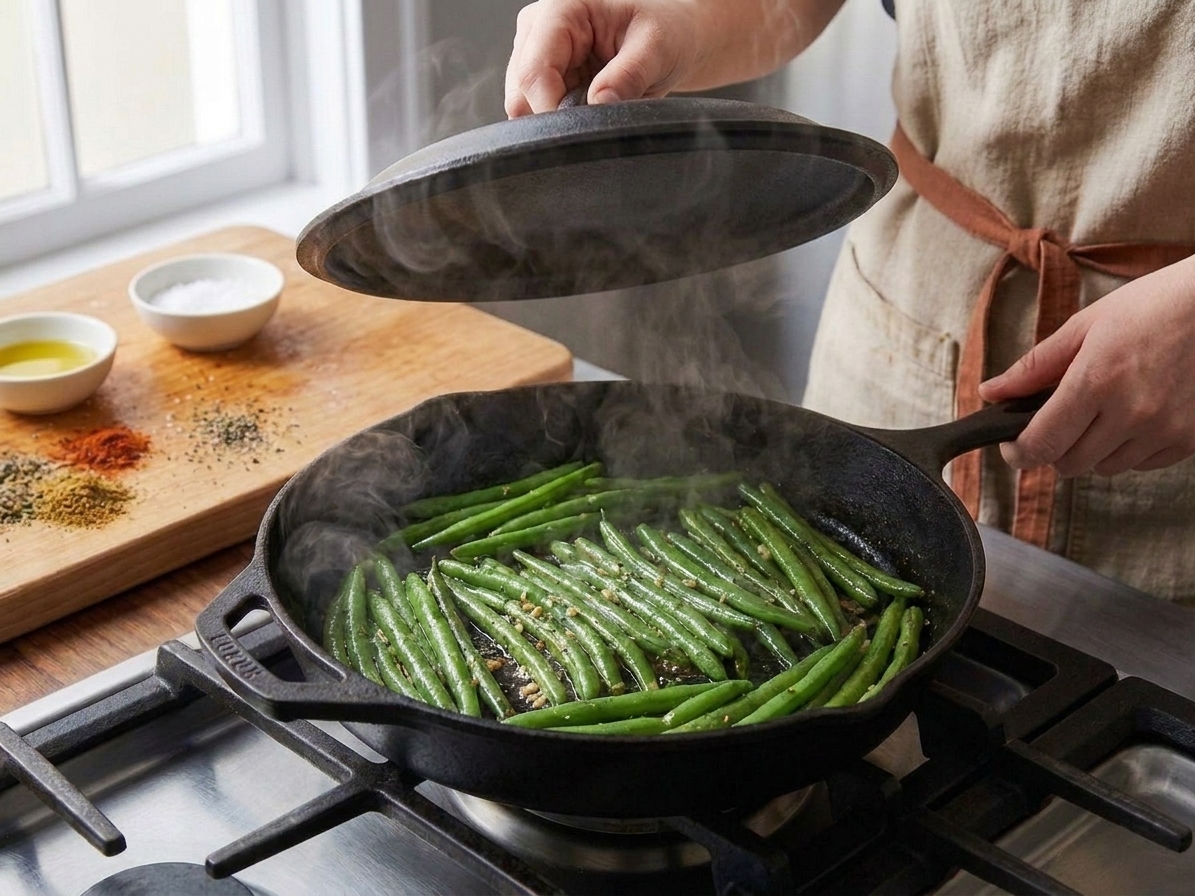 Green beans cooking in a skillet with steam rising while a lid is held just above the pan