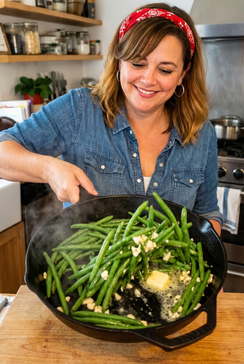 Green beans in a skillet tossed with garlic and butter