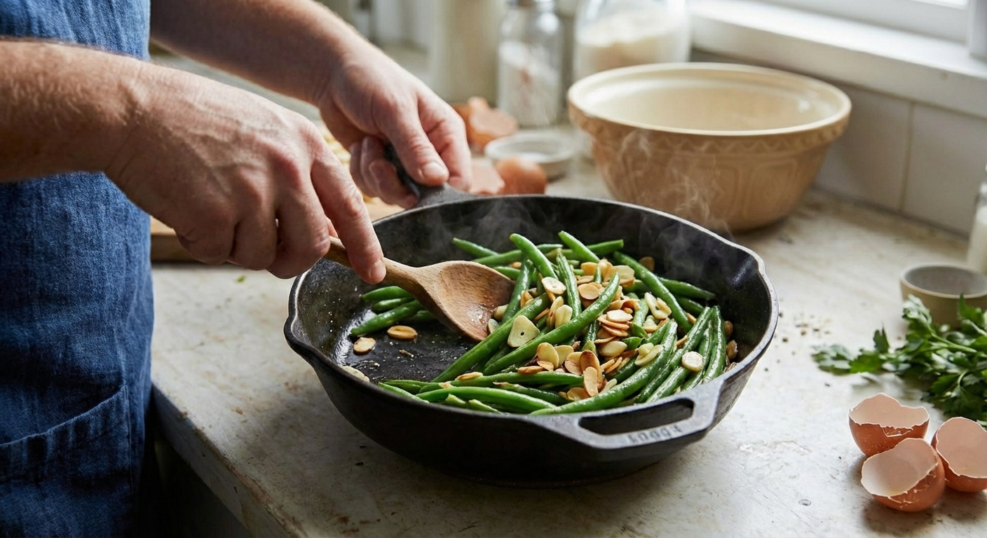 Green beans in a skillet with garlic and toasted almonds