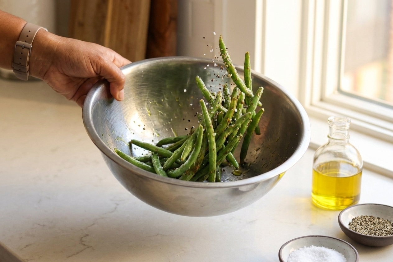 Green beans in a stainless steel mixing bowl being tossed with olive oil, salt, and pepper on a kitchen counter
