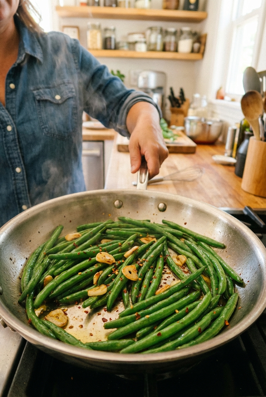 Green beans sautéed with garlic in a pan