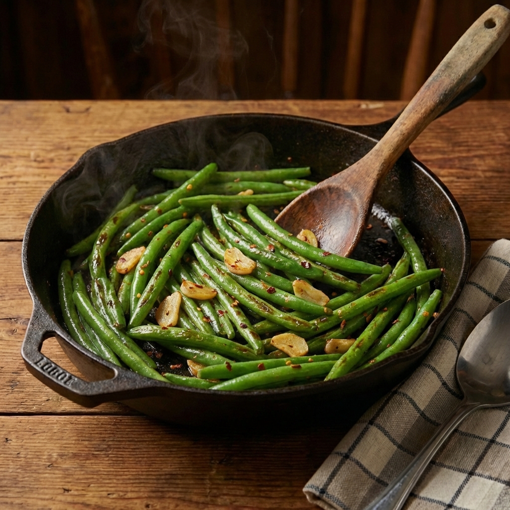 Green beans sautéed with garlic in a skillet