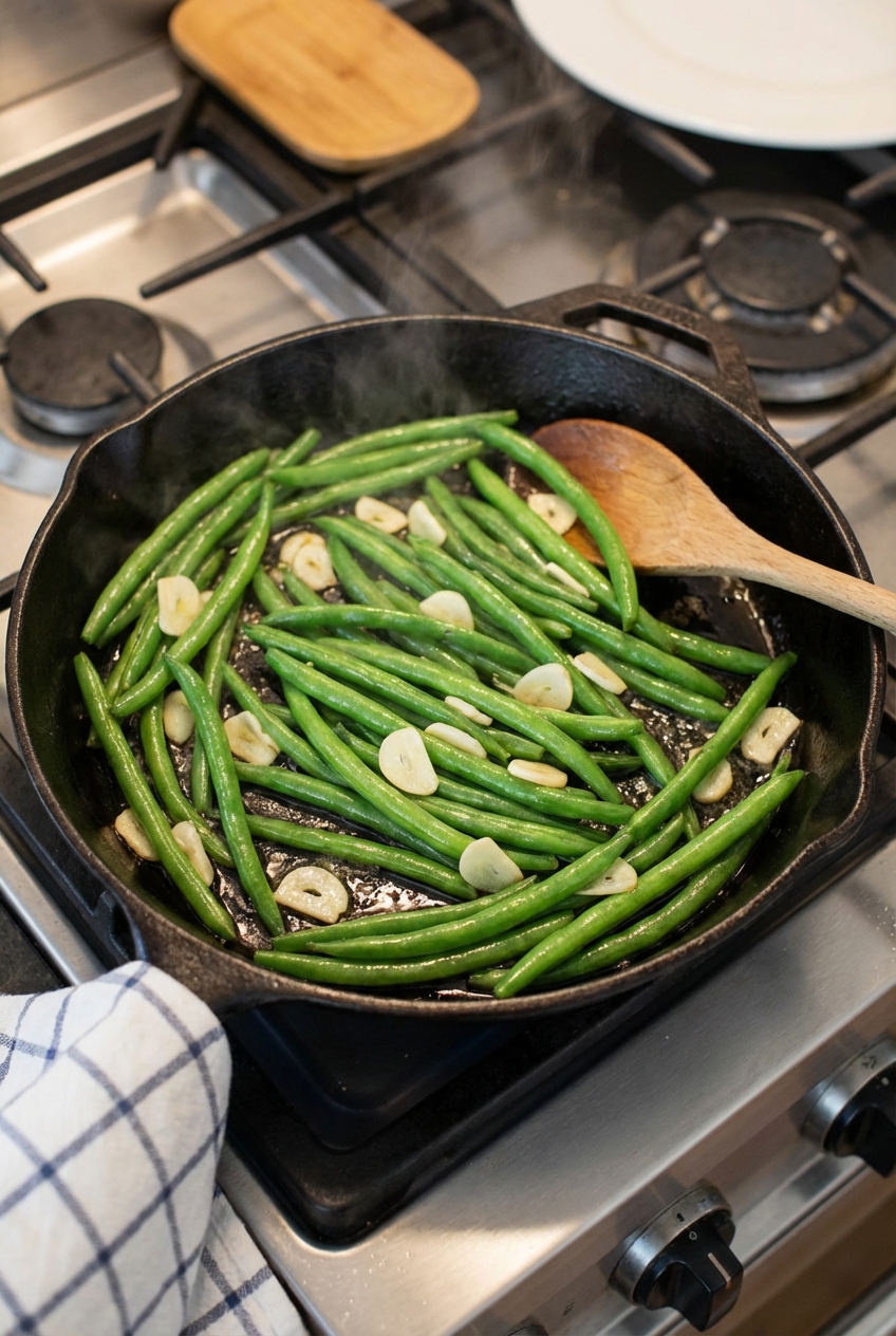 Green beans sautéed with garlic in a skillet