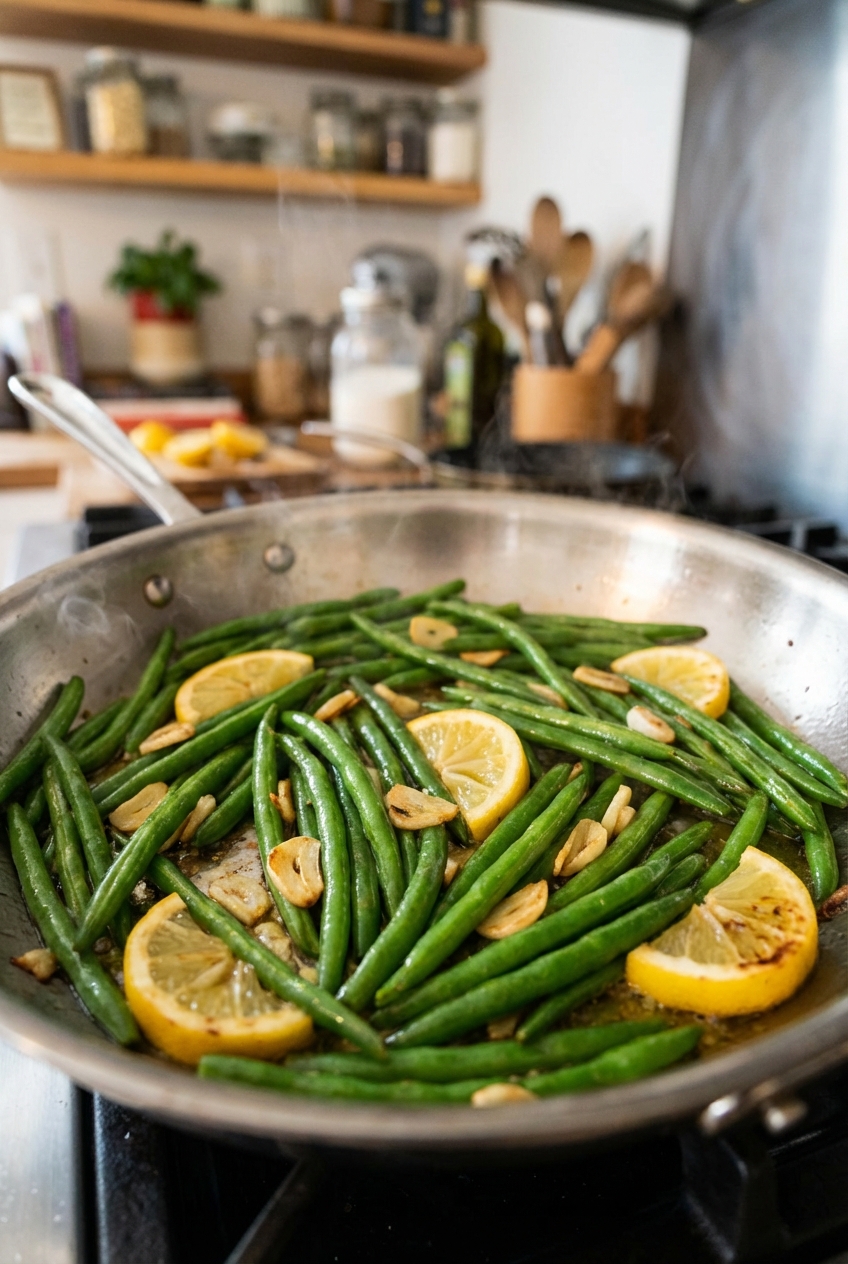 Green beans sauteed in a pan with garlic and lemon wedges