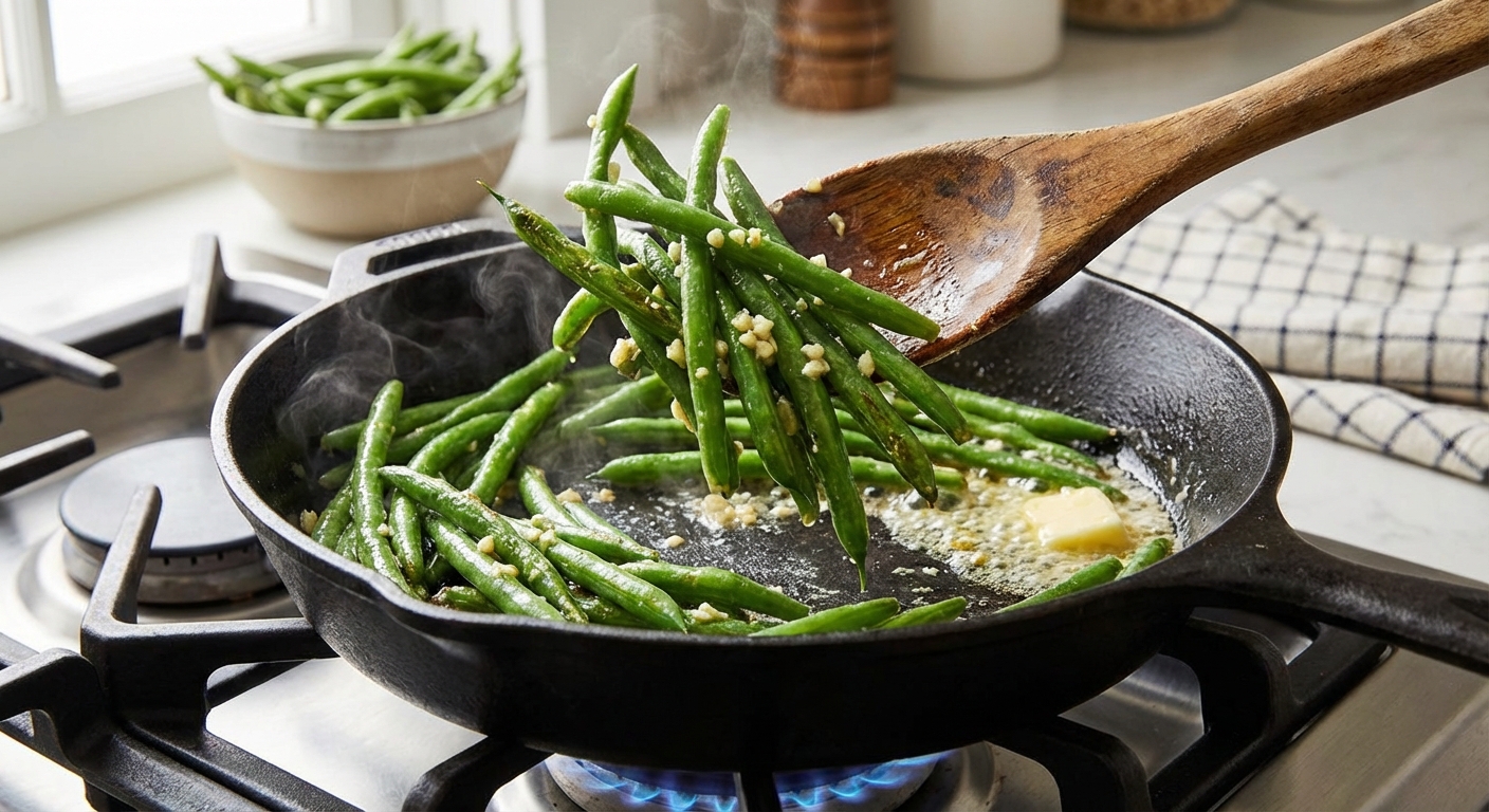 Green beans sautéing in a skillet with garlic butter as a wooden spoon tosses them