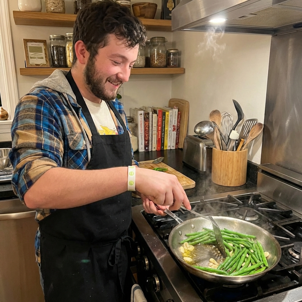 Green beans sautéing in a skillet with garlic