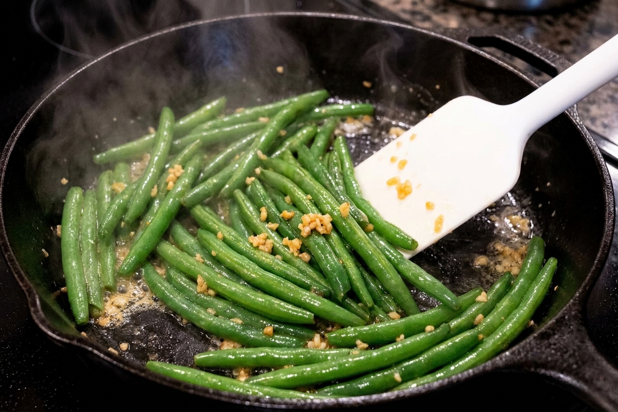 Green beans sautéing in a skillet with visible minced garlic and glossy butter coating, steam rising from the pan
