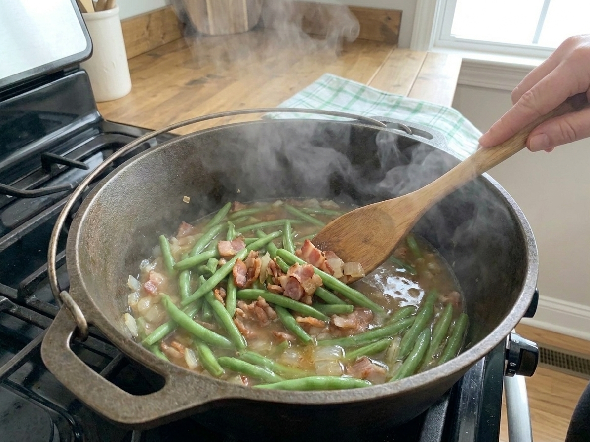 Green beans simmering in a pot with bacon and onions, steam rising as a wooden spoon stirs the broth