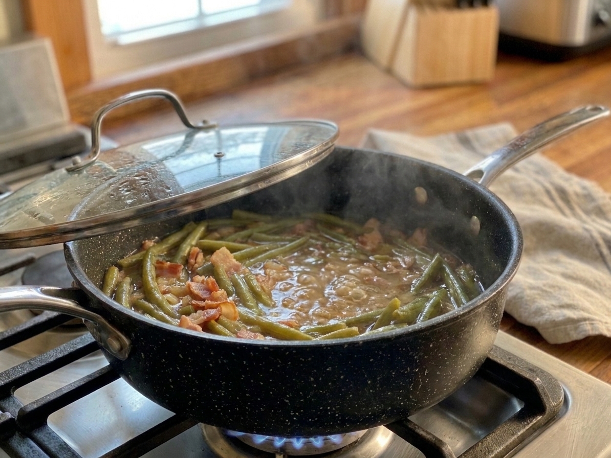 Green beans simmering in a pot with bacon and onions, lid slightly ajar and gentle bubbles visible