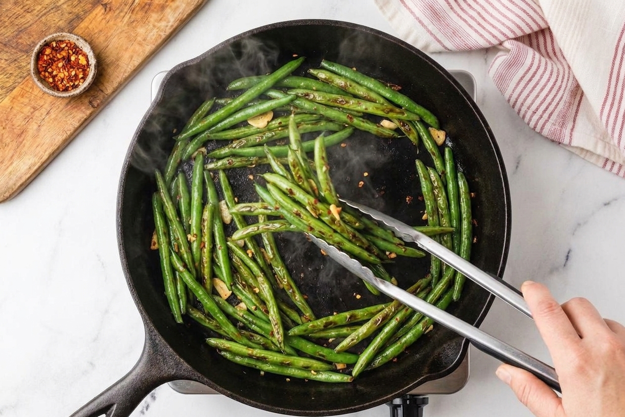 Green beans sizzling in a large skillet, being tossed with tongs