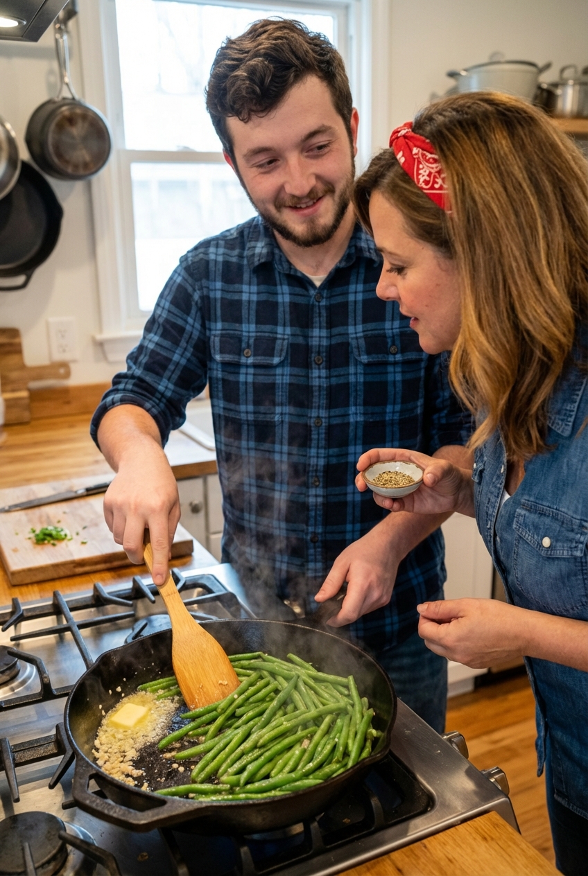 Green beans sizzling in a skillet with minced garlic and butter