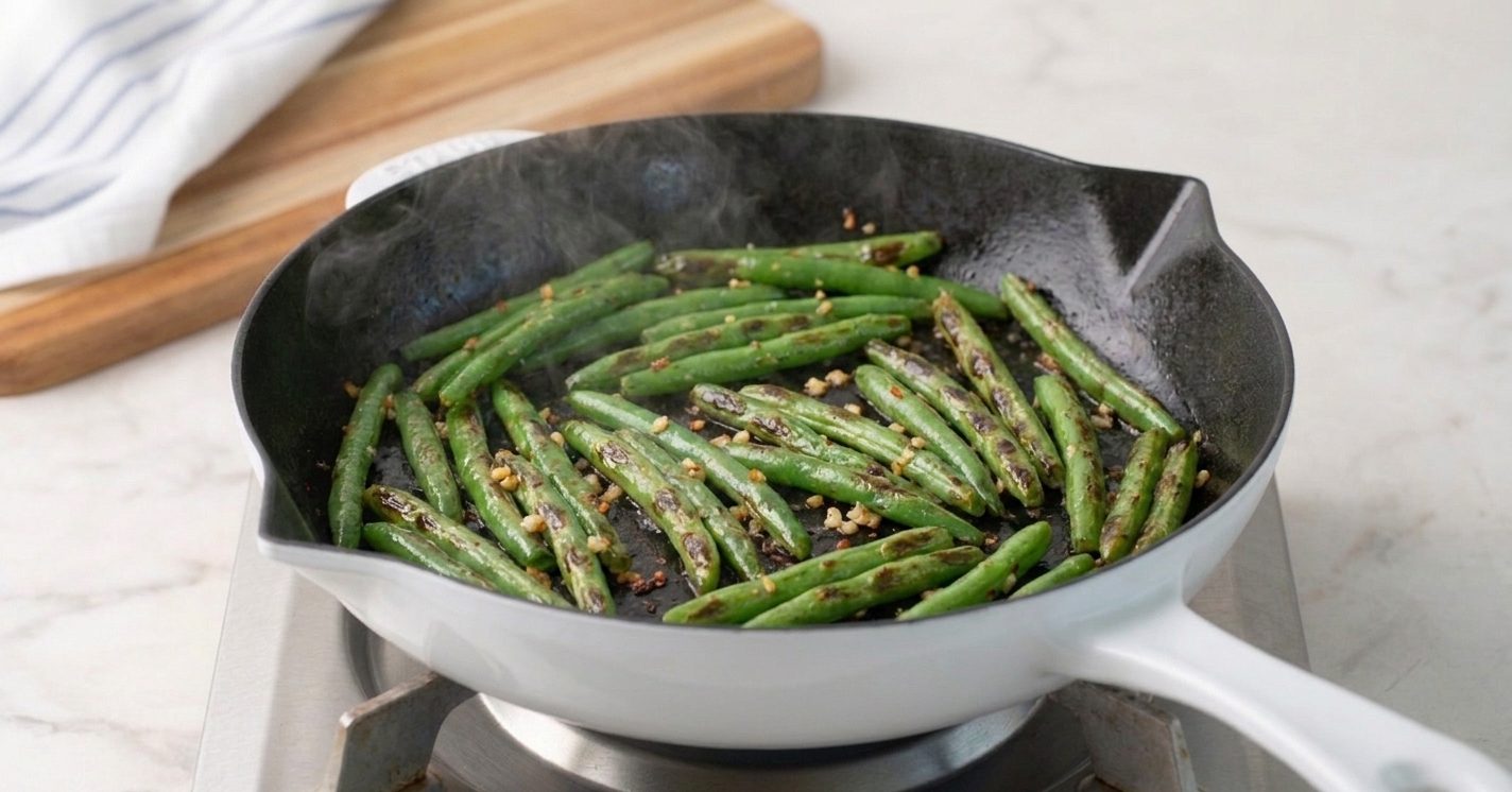 Green beans sizzling in a skillet with visible browned spots forming on the edges