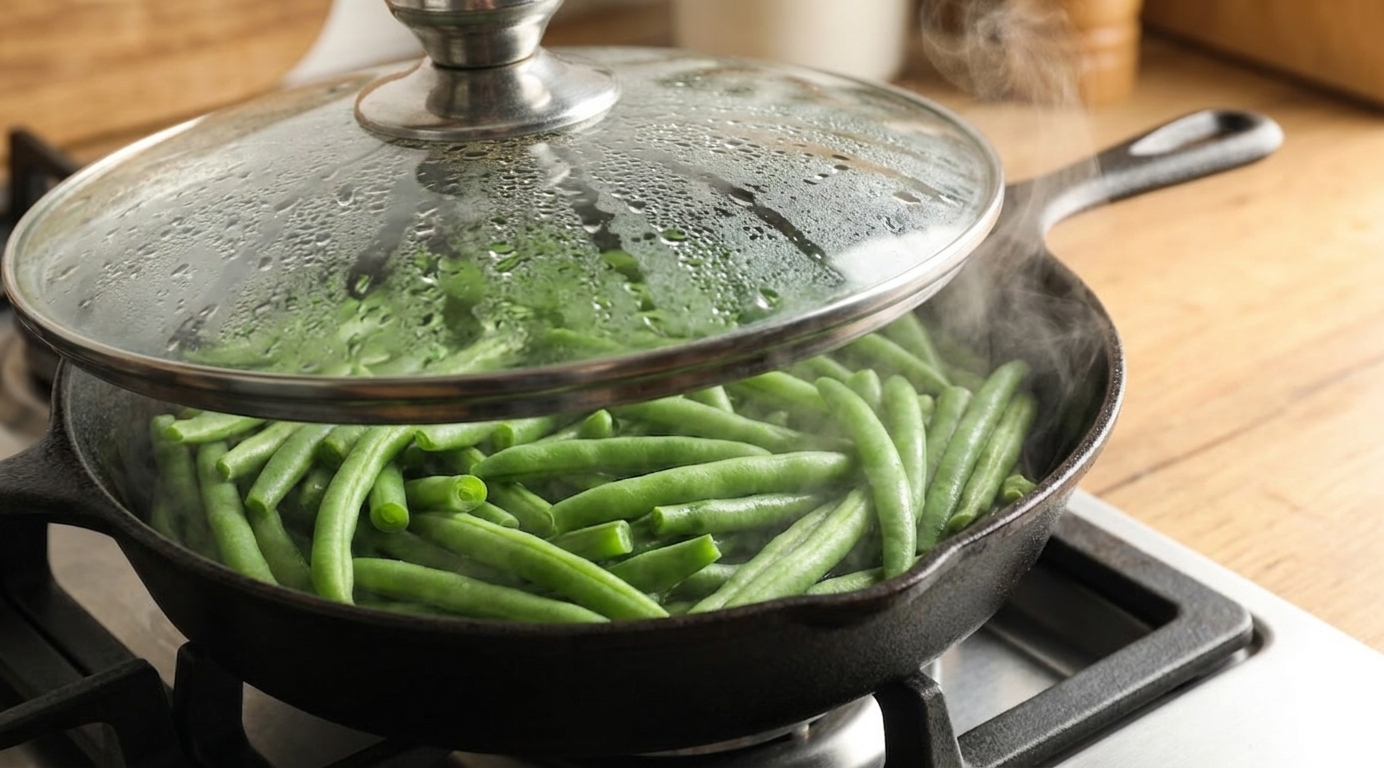 Green beans steaming in a hot skillet covered with a lid on a stovetop