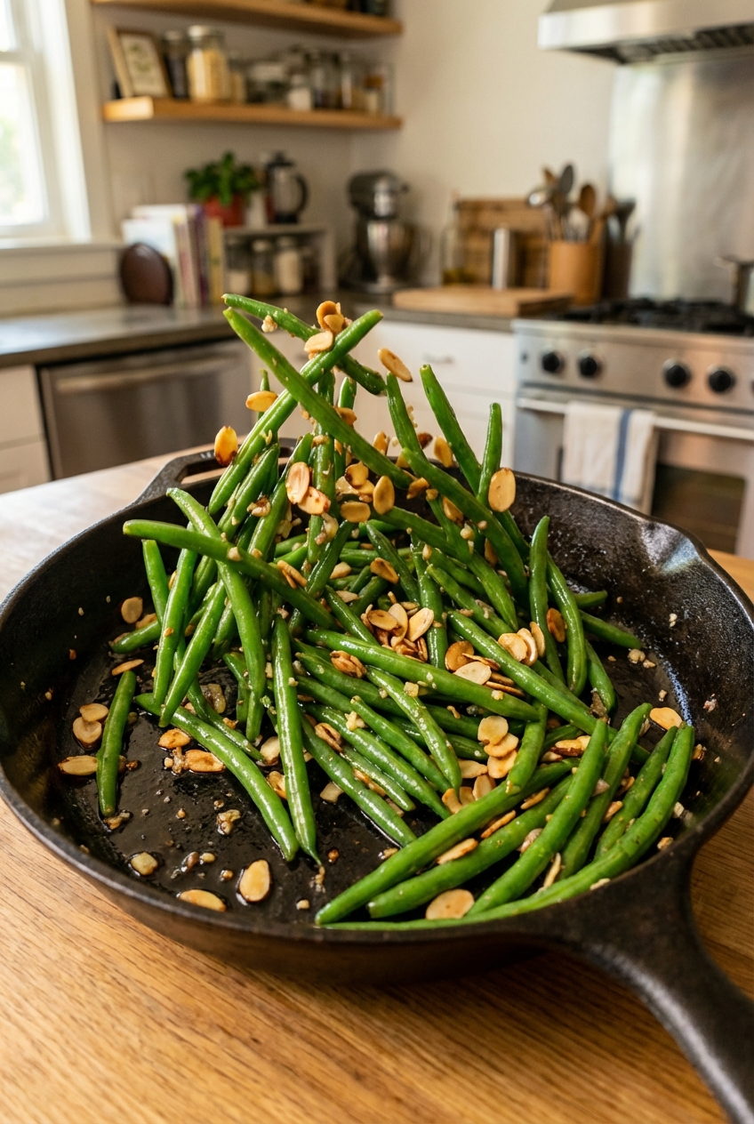 Green beans tossed with toasted almonds in a skillet