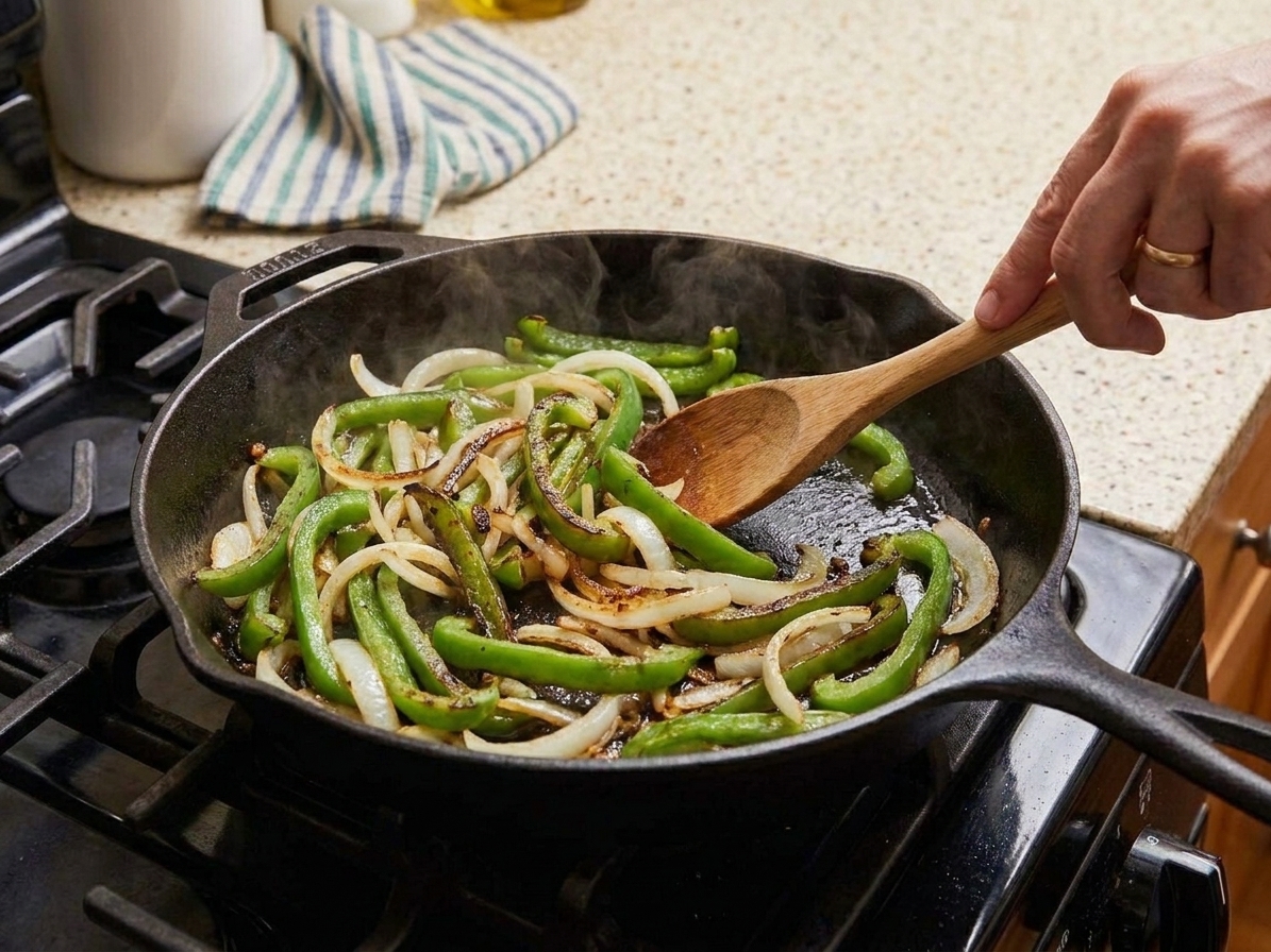Green bell pepper strips and onions sautéing in a skillet until glossy and lightly charred at the edges