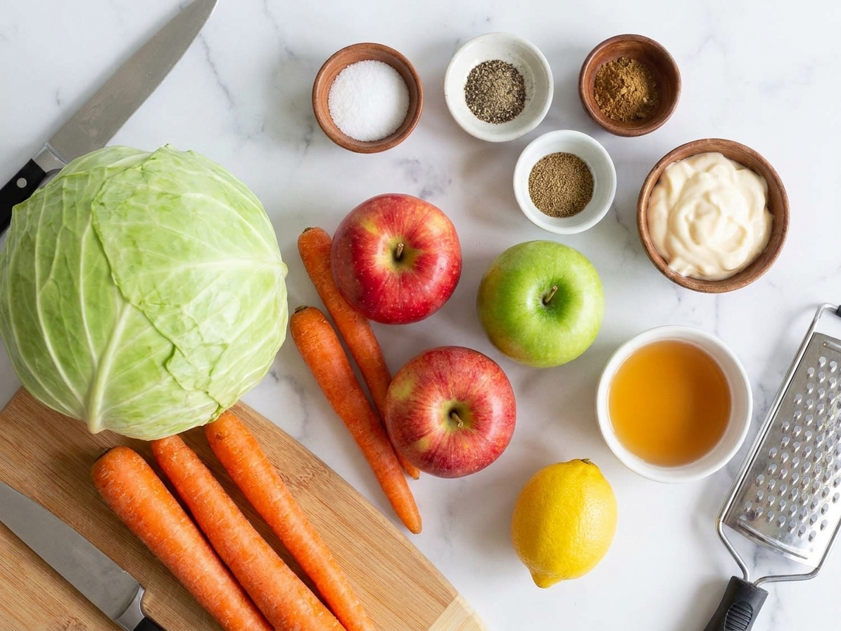 Green cabbage, carrots, apples, a lemon, and small bowls of seasoning arranged on a bright kitchen counter