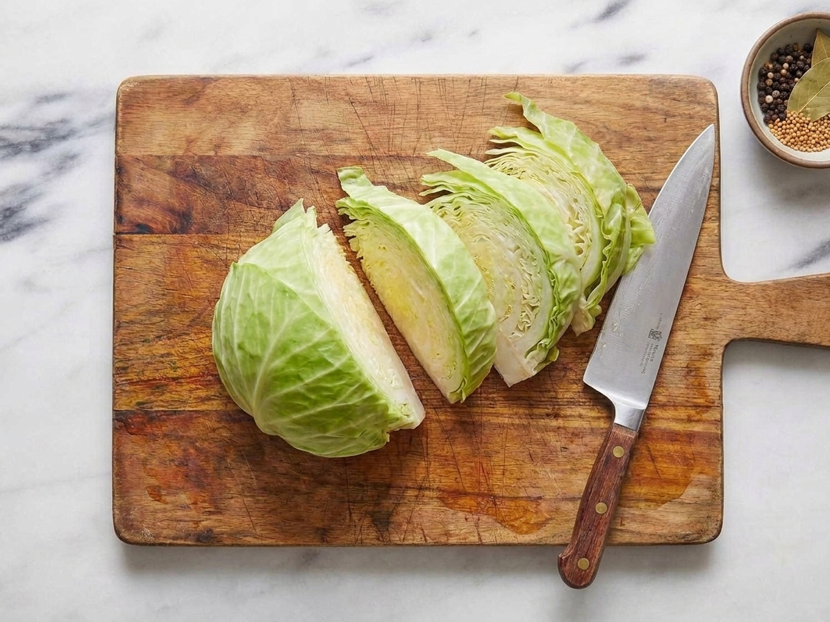Green cabbage cut into thick wedges on a wooden cutting board with a chef's knife nearby