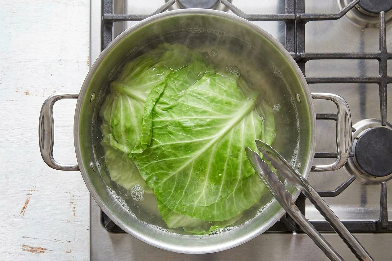 Green cabbage leaves blanching in a large pot of simmering water on a home stove, with tongs resting on the rim