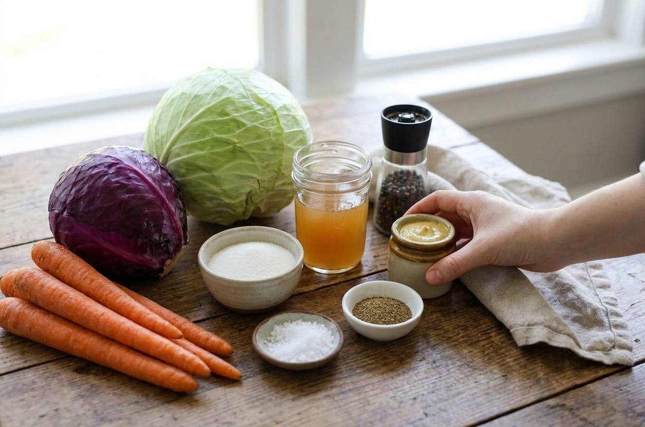 Green cabbage, red cabbage, carrots, apple cider vinegar, sugar, salt, pepper, celery seed, and Dijon mustard arranged on a clean kitchen counter