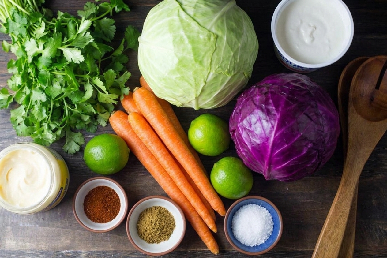 Green cabbage, red cabbage, carrots, limes, cilantro, mayonnaise, sour cream, chili powder, cumin, and salt arranged on a kitchen counter in natural light