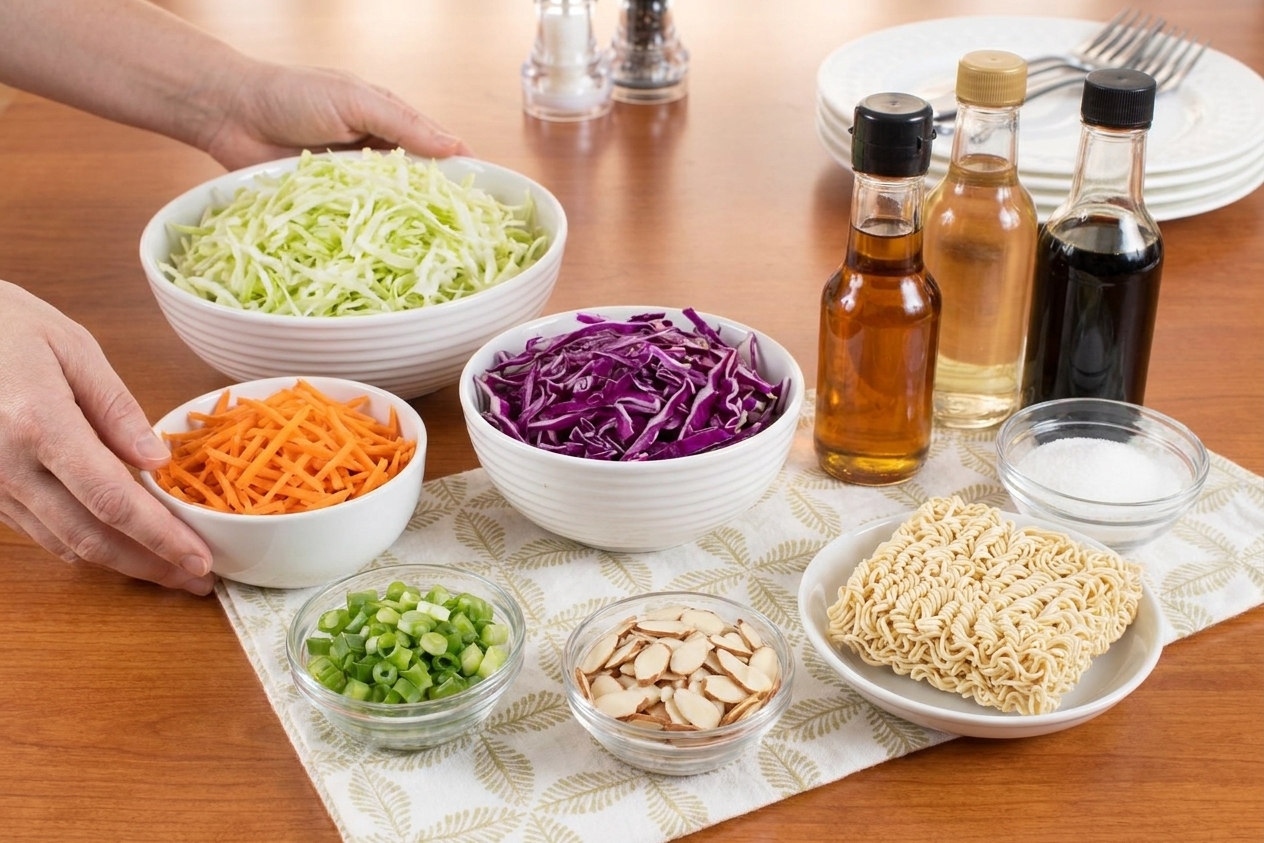 Green cabbage, red cabbage, shredded carrots, sliced green onions, almonds, ramen noodles, sesame oil, rice vinegar, soy sauce, and sugar arranged on a clean kitchen counter