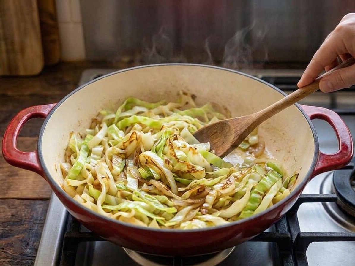 Green cabbage ribbons browning and softening in a large skillet with golden edges and a wooden spatula