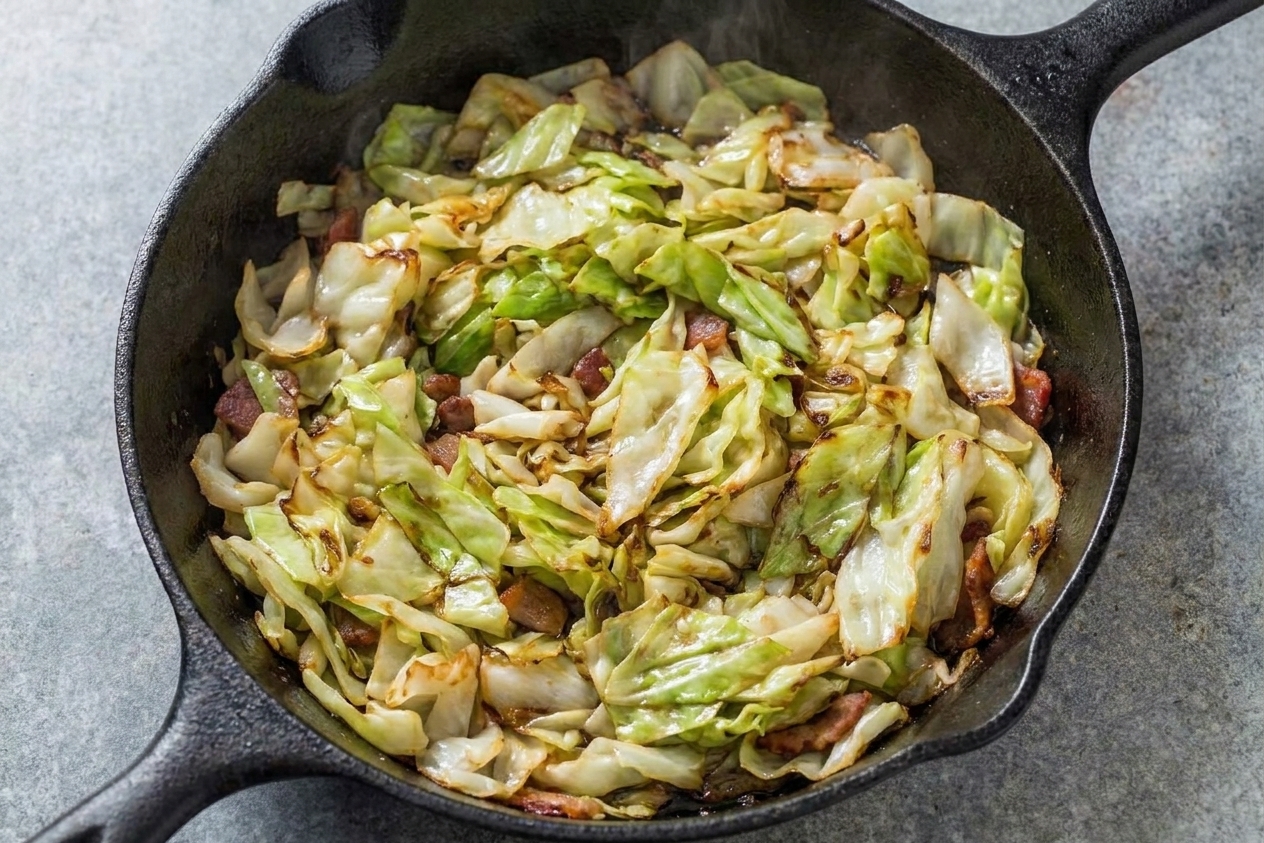 Green cabbage ribbons cooking in a skillet, edges beginning to brown
