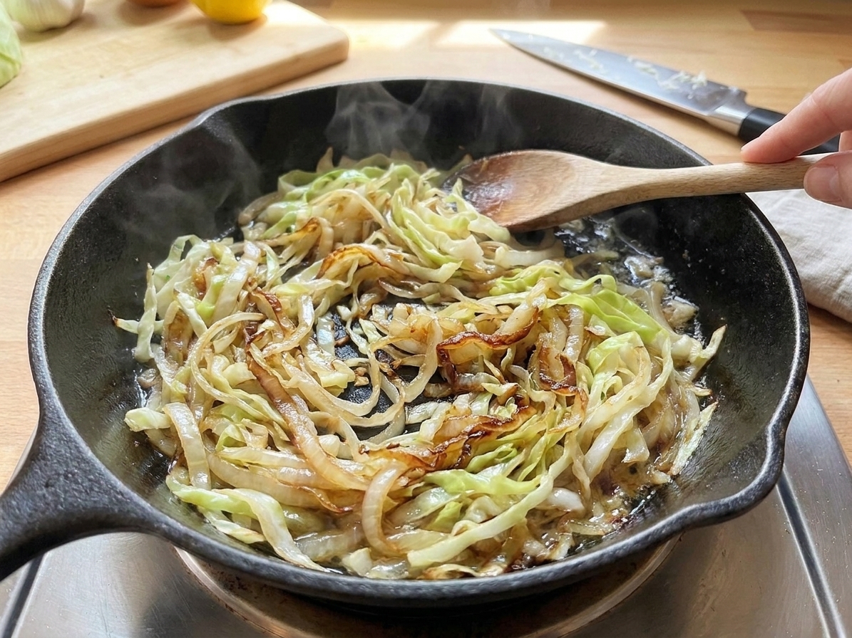Green cabbage strands browning in a wide skillet on the stovetop with visible deep golden edges