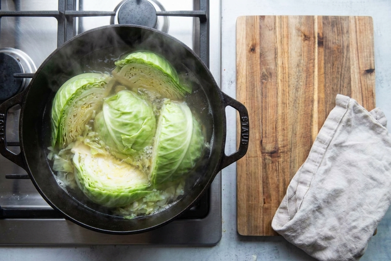 Green cabbage wedges simmering in a wide pot of water on a stovetop, with steam rising