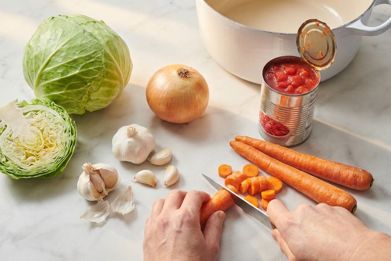 Green cabbage, yellow onion, garlic cloves, carrots, and canned tomatoes arranged on a clean kitchen counter with warm natural light