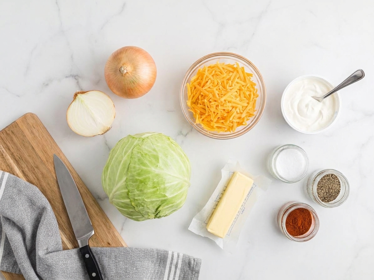 Green cabbage, yellow onion, shredded cheddar, sour cream, butter, and seasonings arranged on a clean kitchen counter with soft natural light