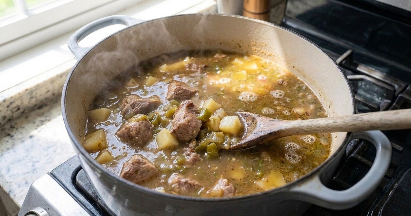Green chili pork stew simmering in a Dutch oven with potatoes visible in the broth