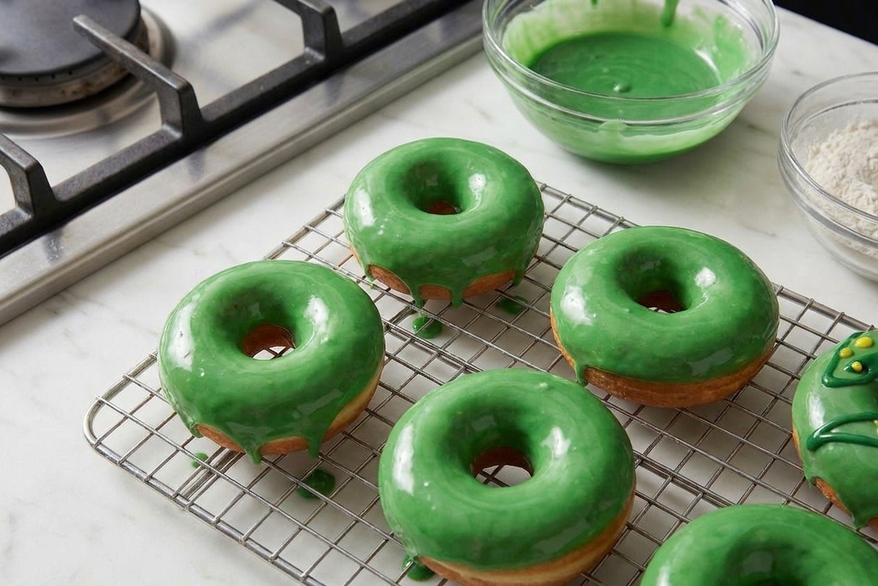 Green-glazed donuts resting on a cooling rack as the icing sets