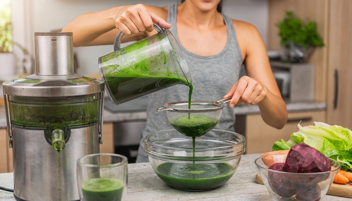 Green juice being strained through a fine mesh sieve into a glass bowl on a light stone countertop