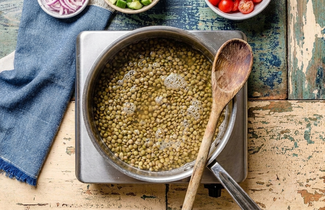 Green lentils simmering in a stainless steel saucepan on a stovetop with gentle bubbles and a wooden spoon resting nearby