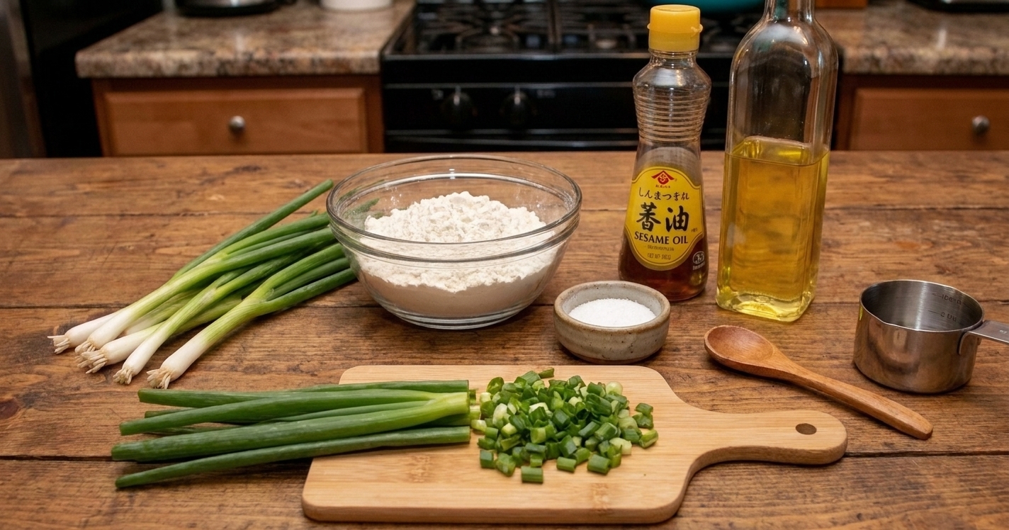 Green onions, all-purpose flour, salt, sesame oil, and neutral oil arranged on a bright kitchen counter