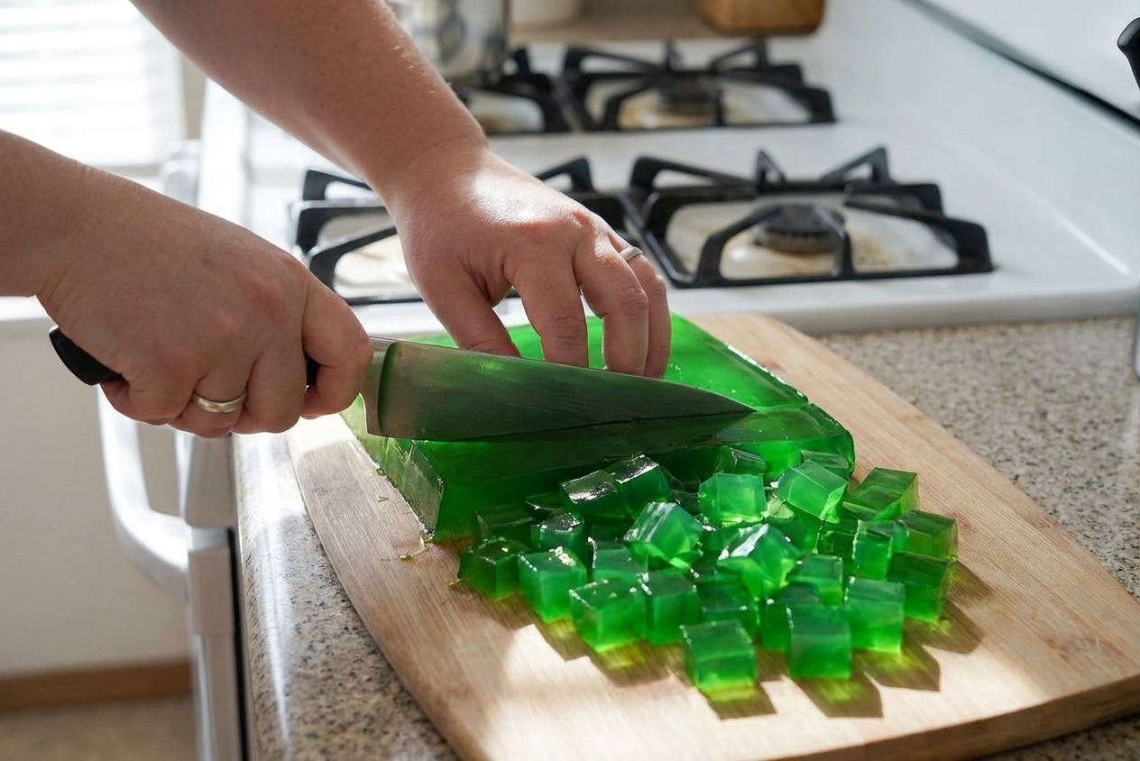 Green pandan gelatin slab being cut into small cubes on a cutting board with a knife on a bright kitchen counter