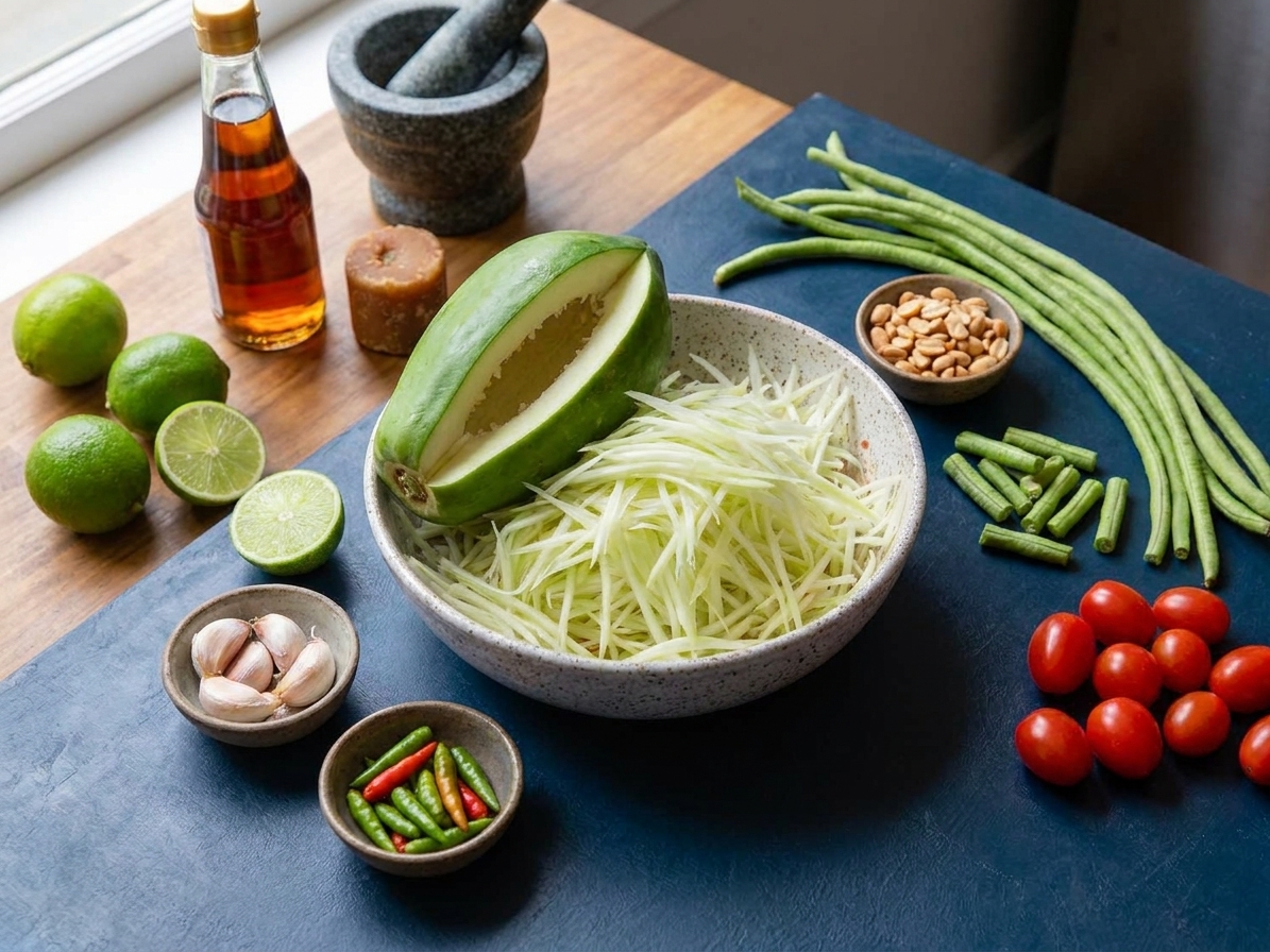 Green papaya salad ingredients arranged on a kitchen counter including a green papaya, limes, garlic, Thai chiles, fish sauce, palm sugar, peanuts, long beans, and cherry tomatoes